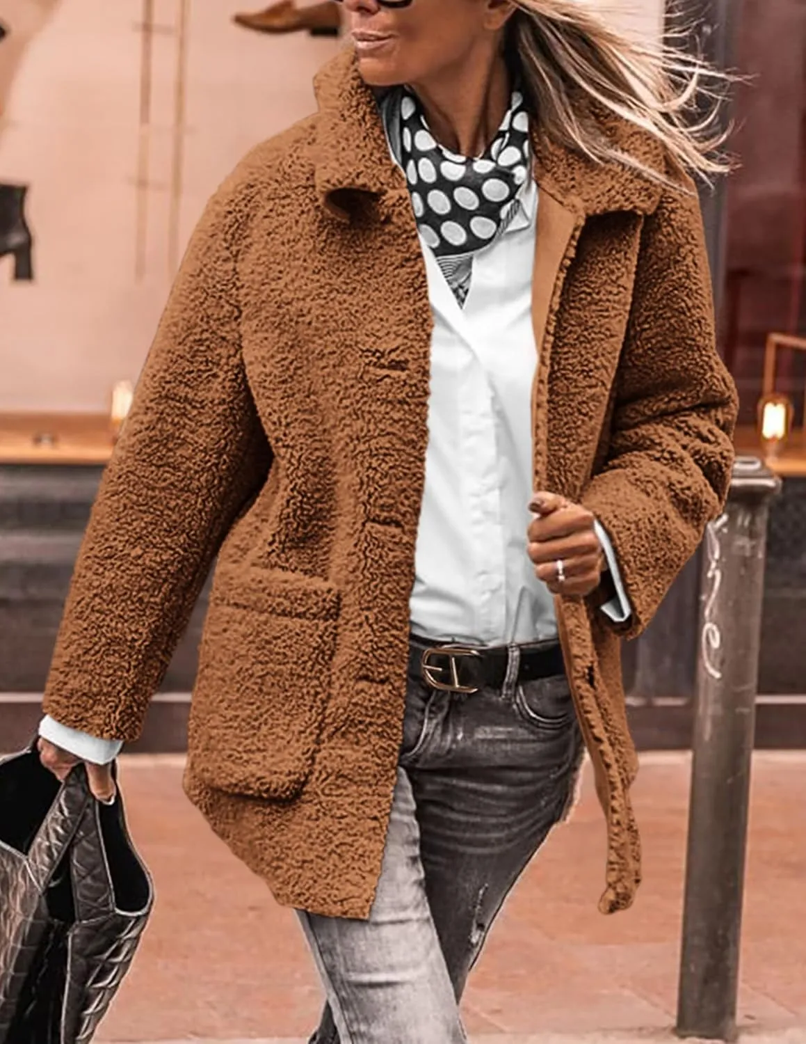 PRETTYGARDEN Women's Winter Faux Fur Coats Long Sleeve Lapel Button Down Pockets Fleece Sherpa Jacket Casual Trendy Outerwear