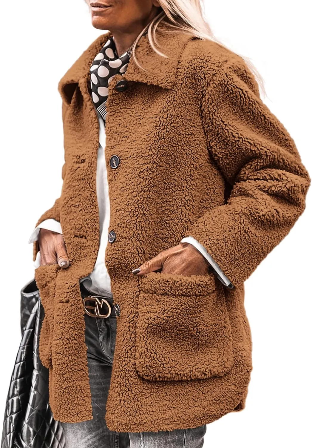 PRETTYGARDEN Women's Winter Faux Fur Coats Long Sleeve Lapel Button Down Pockets Fleece Sherpa Jacket Casual Trendy Outerwear