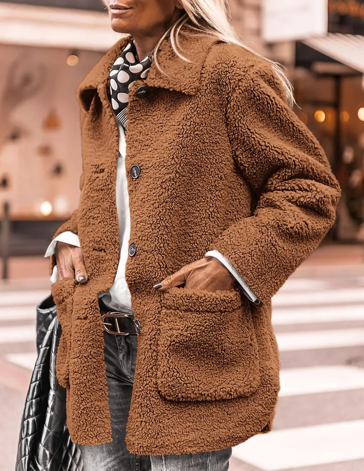 PRETTYGARDEN Women's Winter Faux Fur Coats Long Sleeve Lapel Button Down Pockets Fleece Sherpa Jacket Casual Trendy Outerwear