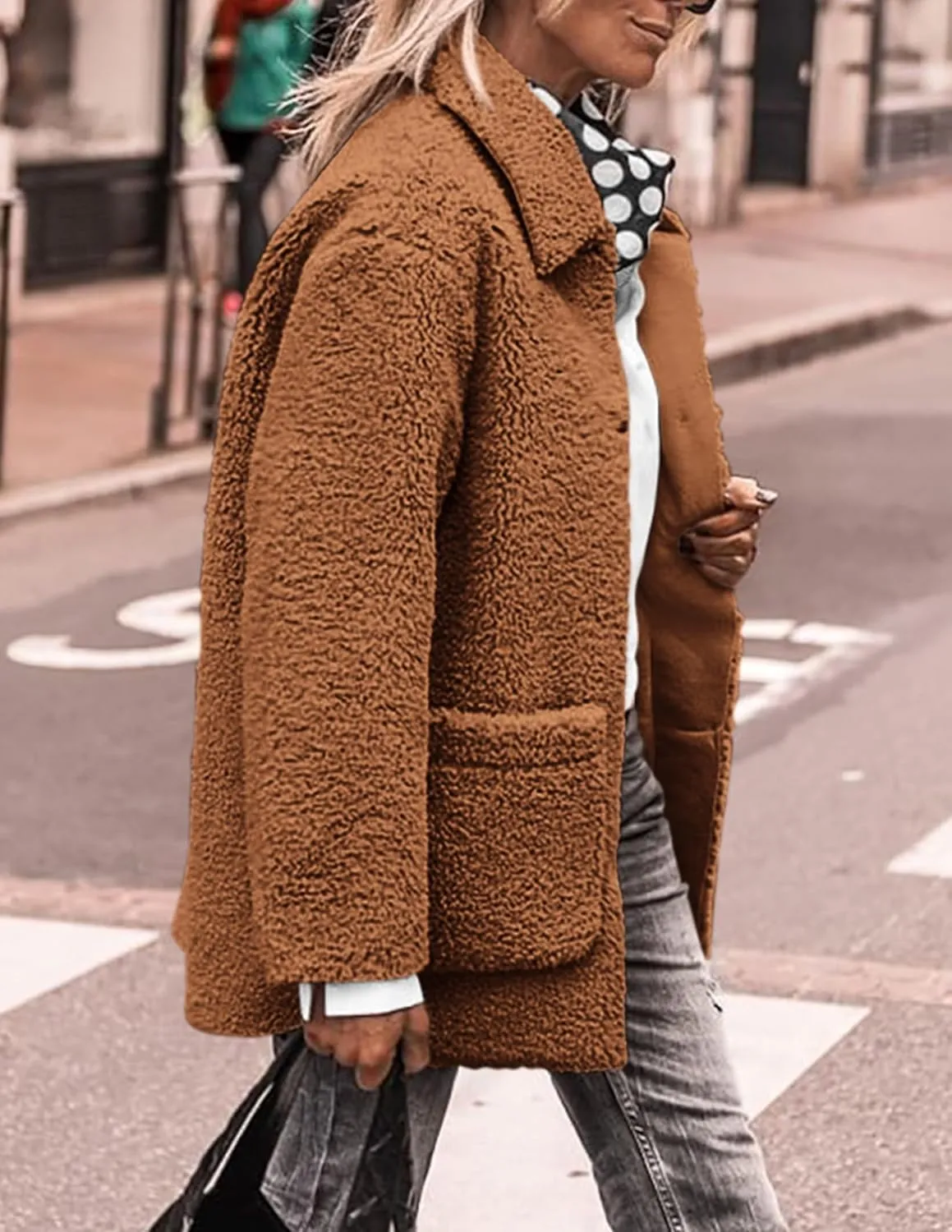 PRETTYGARDEN Women's Winter Faux Fur Coats Long Sleeve Lapel Button Down Pockets Fleece Sherpa Jacket Casual Trendy Outerwear
