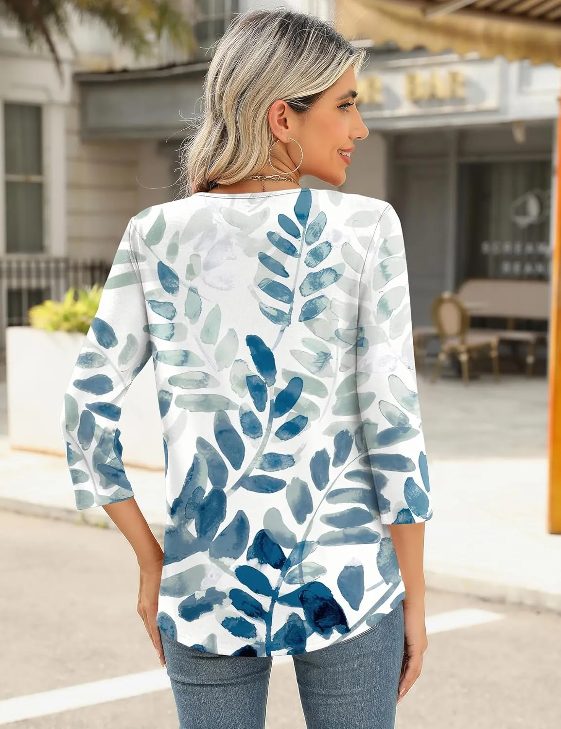 Romanstii 3/4 Length Sleeve Womens Tops Keyhole Crewneck Shirts Business Dressy Casual Tunic Blouses Summer Basic Tees