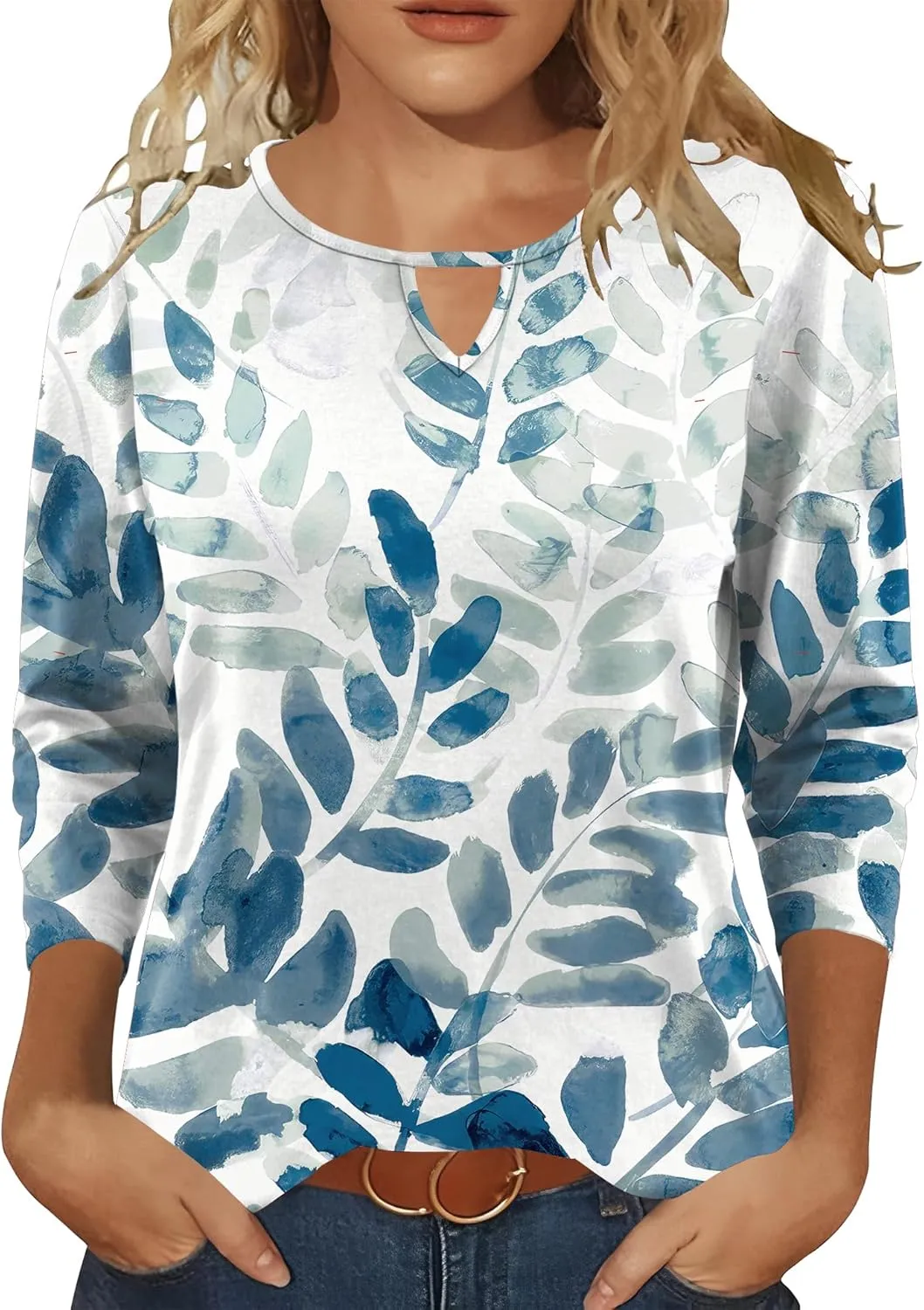 Romanstii 3/4 Length Sleeve Womens Tops Keyhole Crewneck Shirts Business Dressy Casual Tunic Blouses Summer Basic Tees