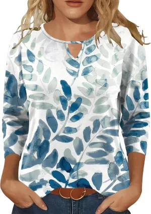 Romanstii 3/4 Length Sleeve Womens Tops Keyhole Crewneck Shirts Business Dressy Casual Tunic Blouses Summer Basic Tees