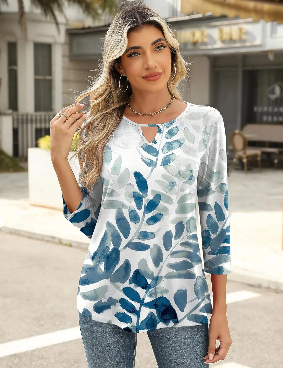 Romanstii 3/4 Length Sleeve Womens Tops Keyhole Crewneck Shirts Business Dressy Casual Tunic Blouses Summer Basic Tees