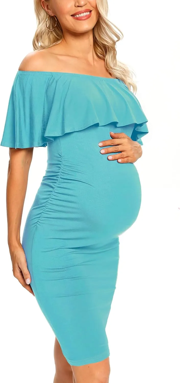 Ruffle Off Shoulder Fitted Maternity Dress, Ruched Side Bodycon Formal Pregnancy Dress for Baby Shower/Photography