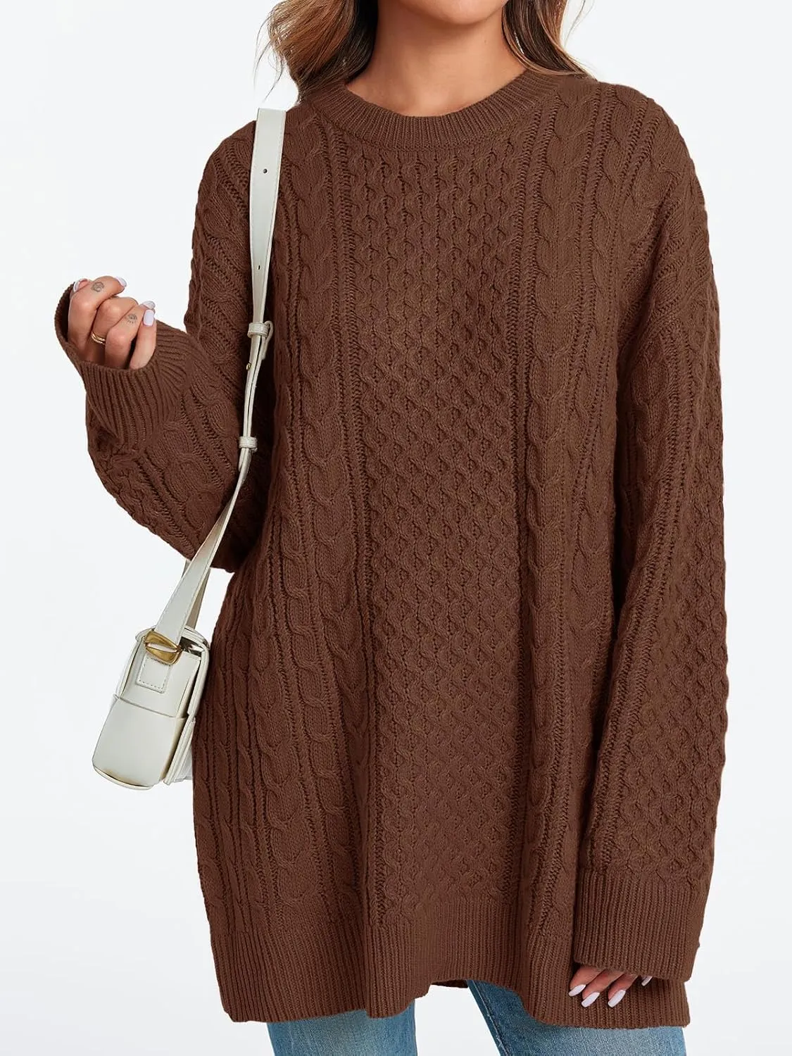 Saodimallsu Womens Oversized Sweaters Chunky Cable Knit Crewneck Long Sleeve Loose Tunic Sweater Tops