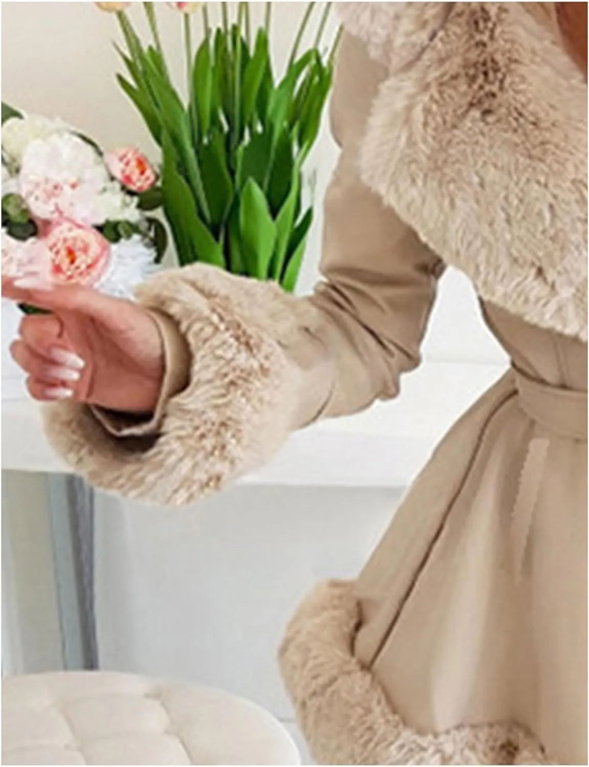 Sexyshine Women's Faux Leather Jackets Hooded Faux Fur Trim Fleece Lined Ruffle Pleated Sherpa Parka Coat with Belt