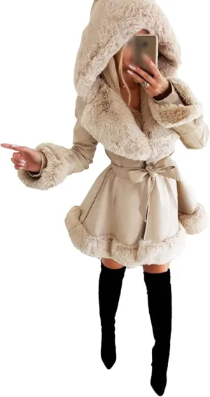 Sexyshine Women's Faux Leather Jackets Hooded Faux Fur Trim Fleece Lined Ruffle Pleated Sherpa Parka Coat with Belt