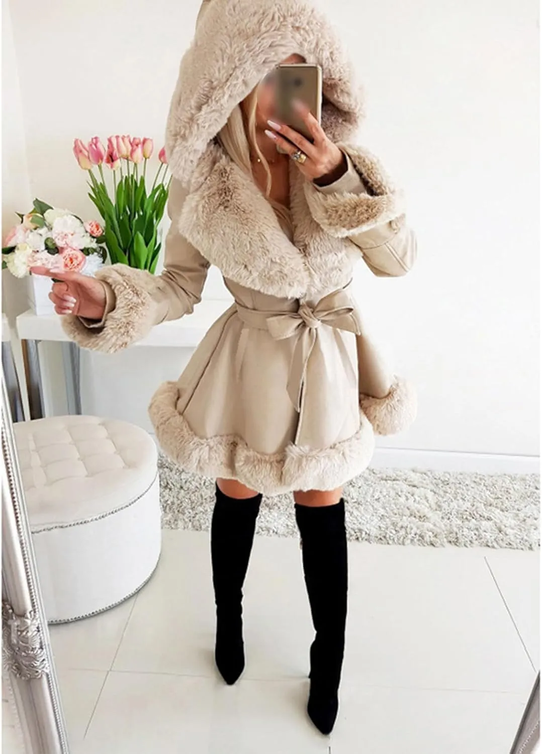 Sexyshine Women's Faux Leather Jackets Hooded Faux Fur Trim Fleece Lined Ruffle Pleated Sherpa Parka Coat with Belt