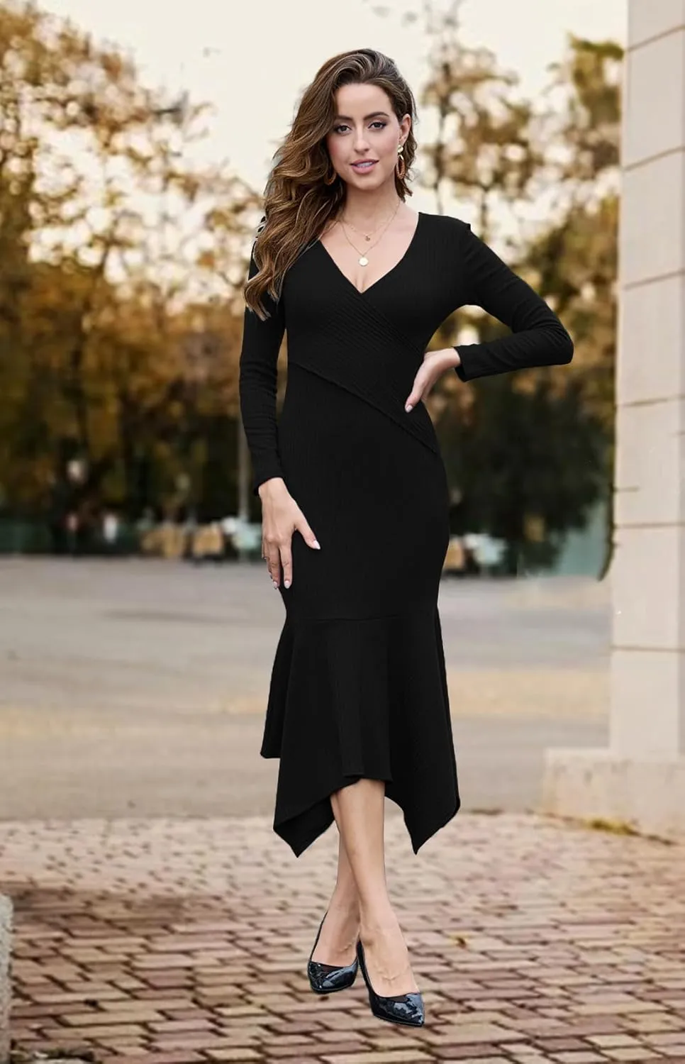 Soinku Women's Long Sleeve Bodycon Sweater Dress Fall Winter Casual Wrap Ribbed Knit Maxi Dresses