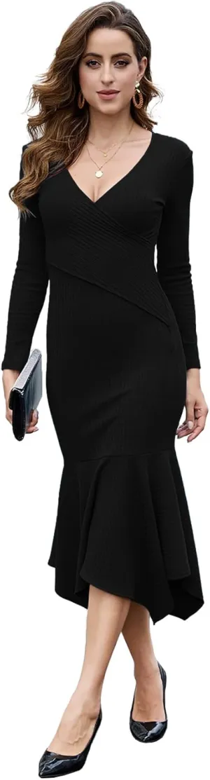 Soinku Women's Long Sleeve Bodycon Sweater Dress Fall Winter Casual Wrap Ribbed Knit Maxi Dresses