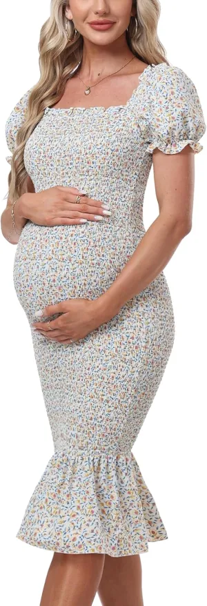 Summer Floral Midi Bodycon Maternity Dresses, Short Puff Sleeve Square Neck Ruffle Hem Mermaid Baby Shower Dress
