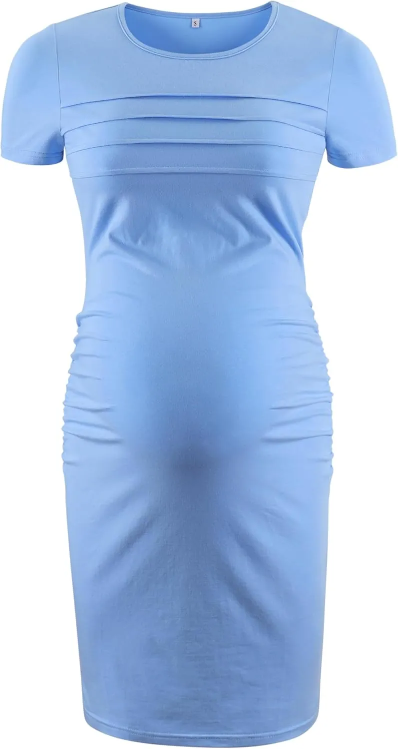 Summer Short Sleeve Maternity Dress Ruched Side Bodycon Causal Baby Shower Dresses