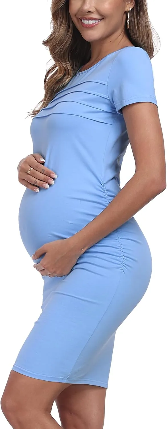 Summer Short Sleeve Maternity Dress Ruched Side Bodycon Causal Baby Shower Dresses
