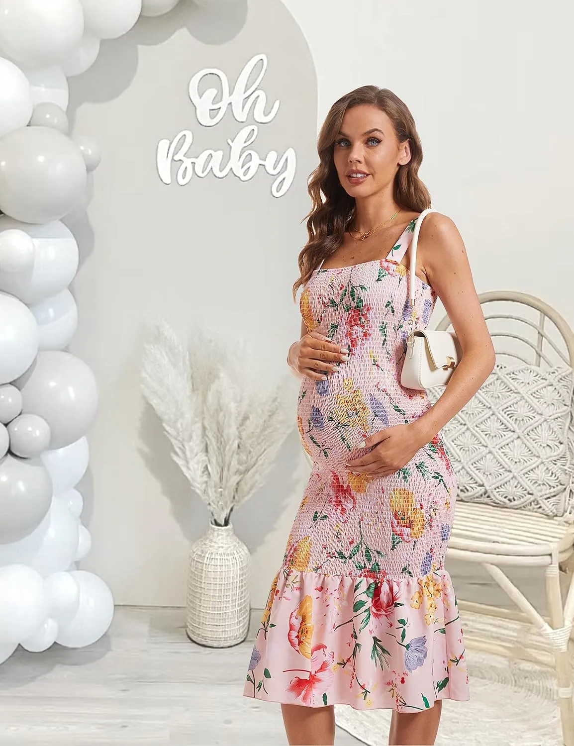 Summer Tank Maternity Dress Sleeveless Strappy Floral Midi Bodycon Square Neck Ruffle Mermaid Smocked Dress for Baby Shower
