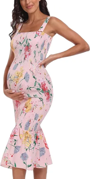 Summer Tank Maternity Dress Sleeveless Strappy Floral Midi Bodycon Square Neck Ruffle Mermaid Smocked Dress for Baby Shower