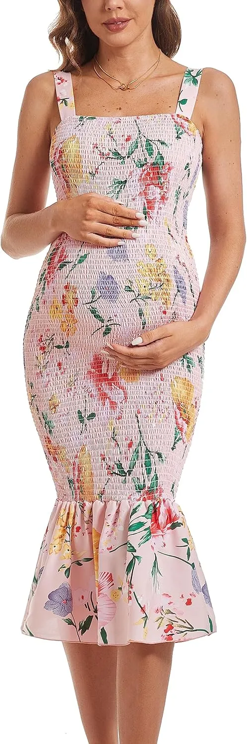 Summer Tank Maternity Dress Sleeveless Strappy Floral Midi Bodycon Square Neck Ruffle Mermaid Smocked Dress for Baby Shower