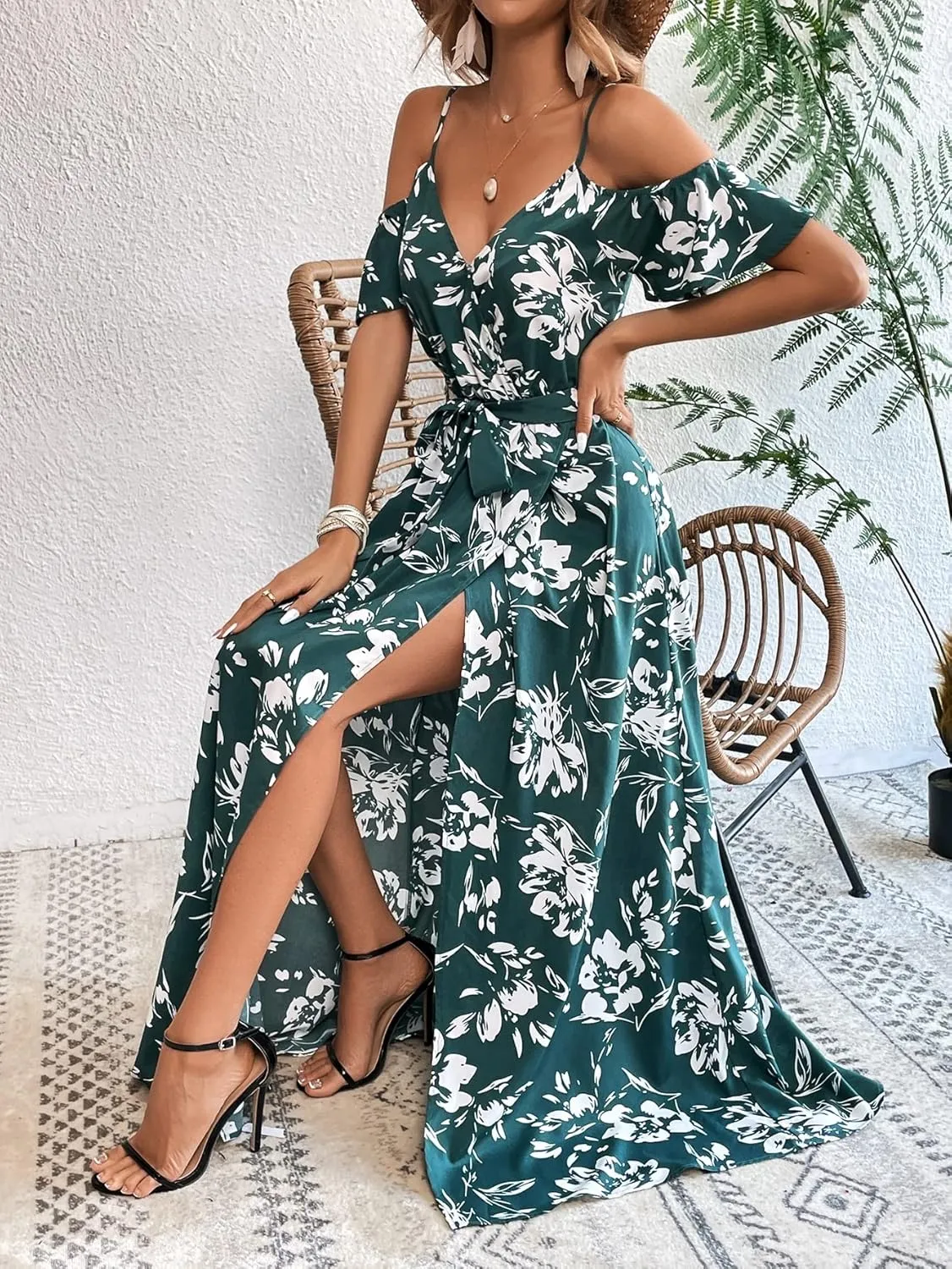 SweatyRocks Women's Floral Print Short Sleeve Cold Shoulder Dress Asymmetrical High Low Ruffle Midi Dresses