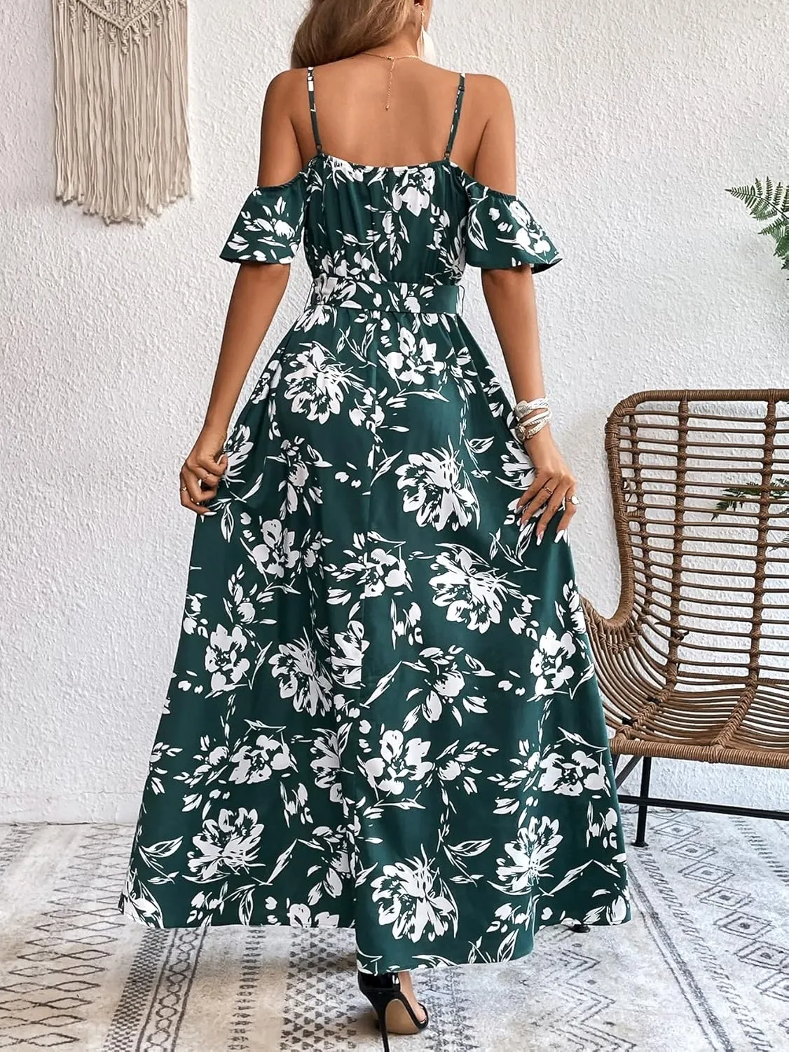 SweatyRocks Women's Floral Print Short Sleeve Cold Shoulder Dress Asymmetrical High Low Ruffle Midi Dresses