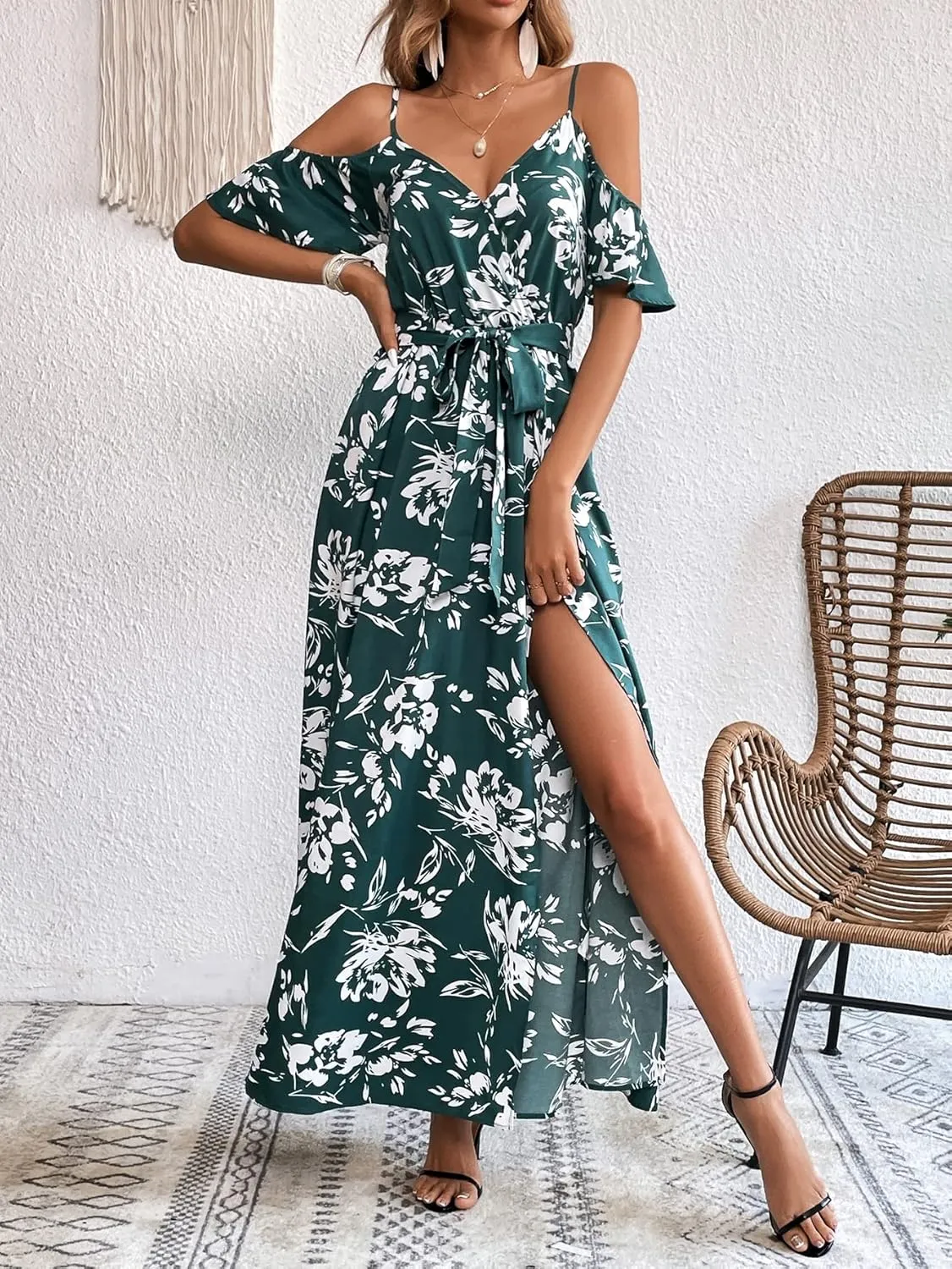 SweatyRocks Women's Floral Print Short Sleeve Cold Shoulder Dress Asymmetrical High Low Ruffle Midi Dresses