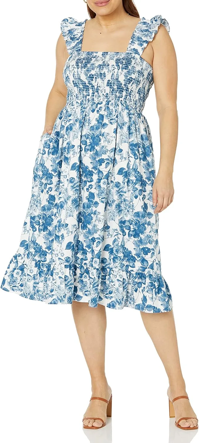 The Drop Women's Kimi Ruffled Shoulder Smocked Midi Dress