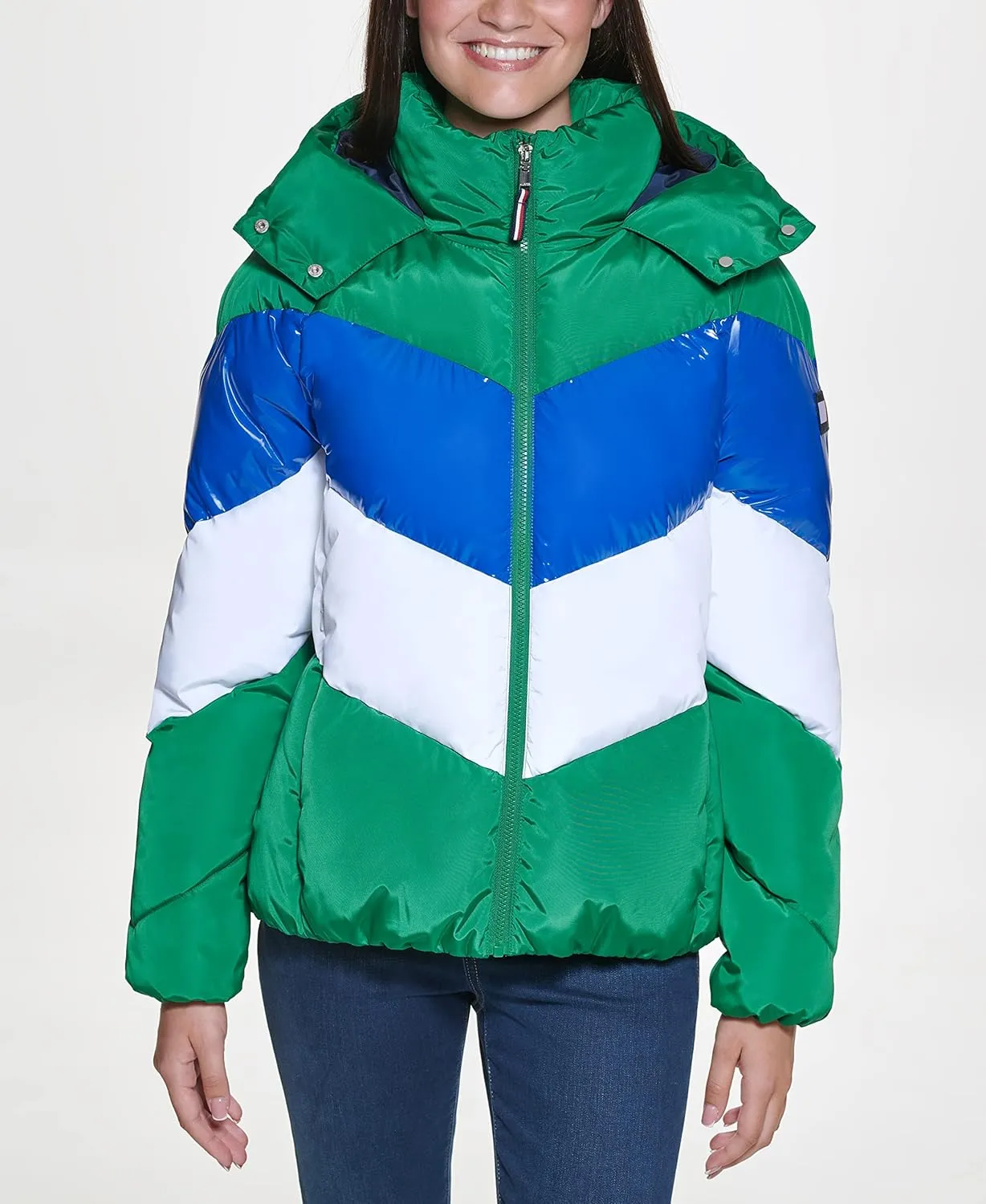 Tommy Hilfiger Women's Multi Color Chevron Striped Hooded Short Puffer Jacket