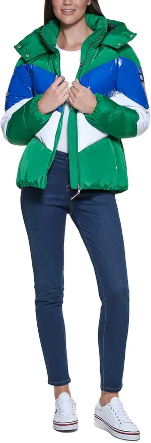Tommy Hilfiger Women's Multi Color Chevron Striped Hooded Short Puffer Jacket