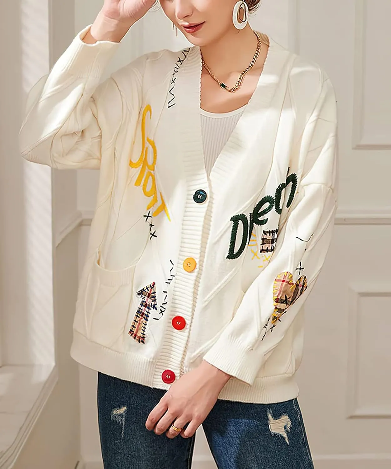 utcoco Womens Open Front Cardigan Cable Knit Long Sleeve Button Down Embroidery Cardigan Sweaters