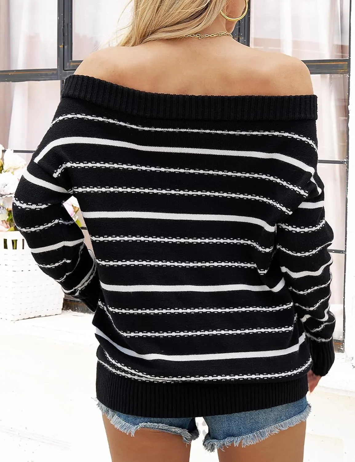 VIMPUNEC Womens Oversized Sweater Color Block Off The Shoulder Pullover Sweaters Cable Knit Chunky Striped Tops