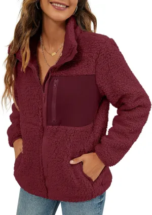 VVK Women's Fashion Faux Shearling Shaggy Full Zip Coats Warm Winter Patchwork Jackets with Pocket
