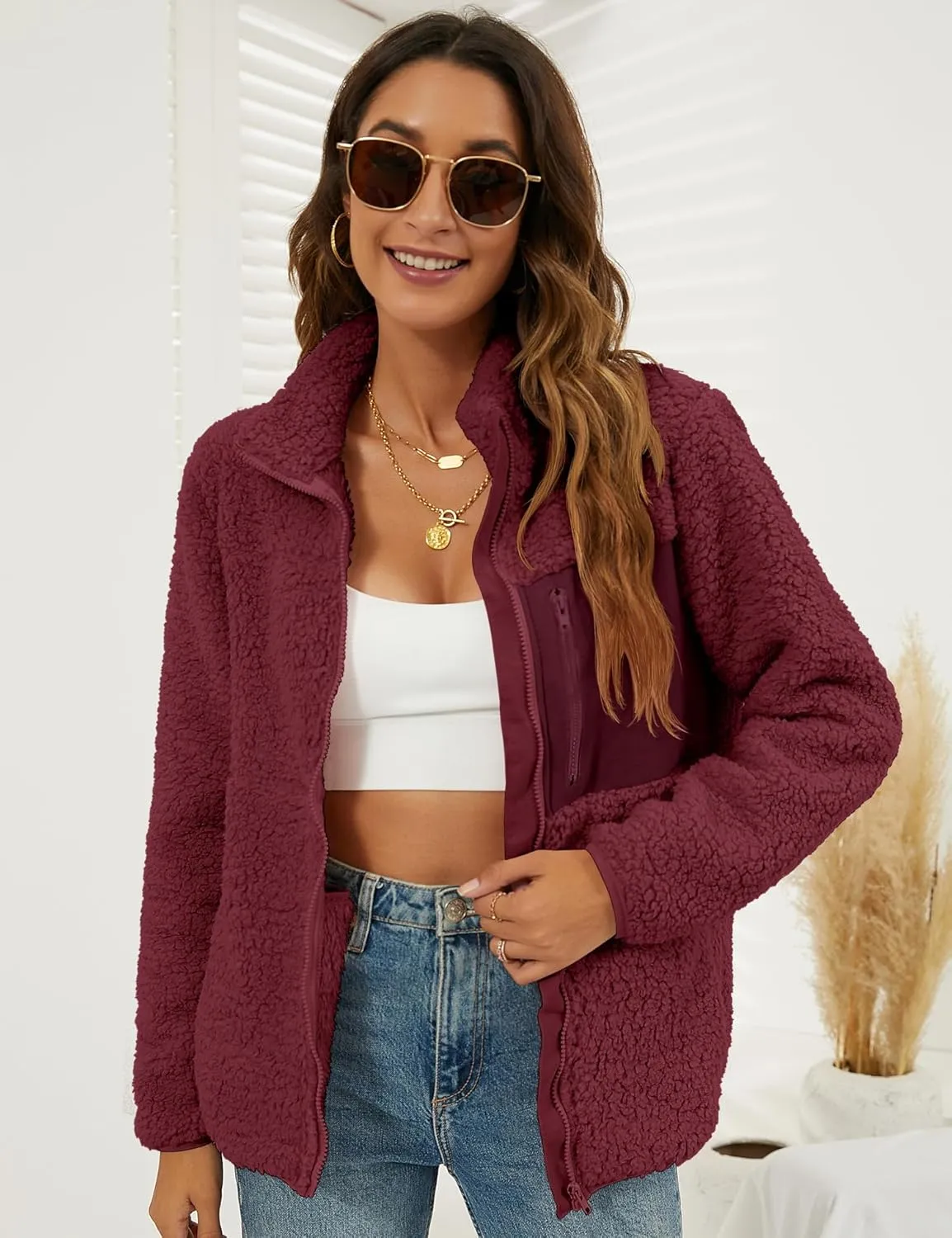 VVK Women's Fashion Faux Shearling Shaggy Full Zip Coats Warm Winter Patchwork Jackets with Pocket