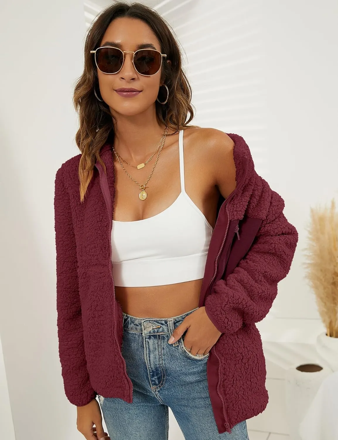 VVK Women's Fashion Faux Shearling Shaggy Full Zip Coats Warm Winter Patchwork Jackets with Pocket
