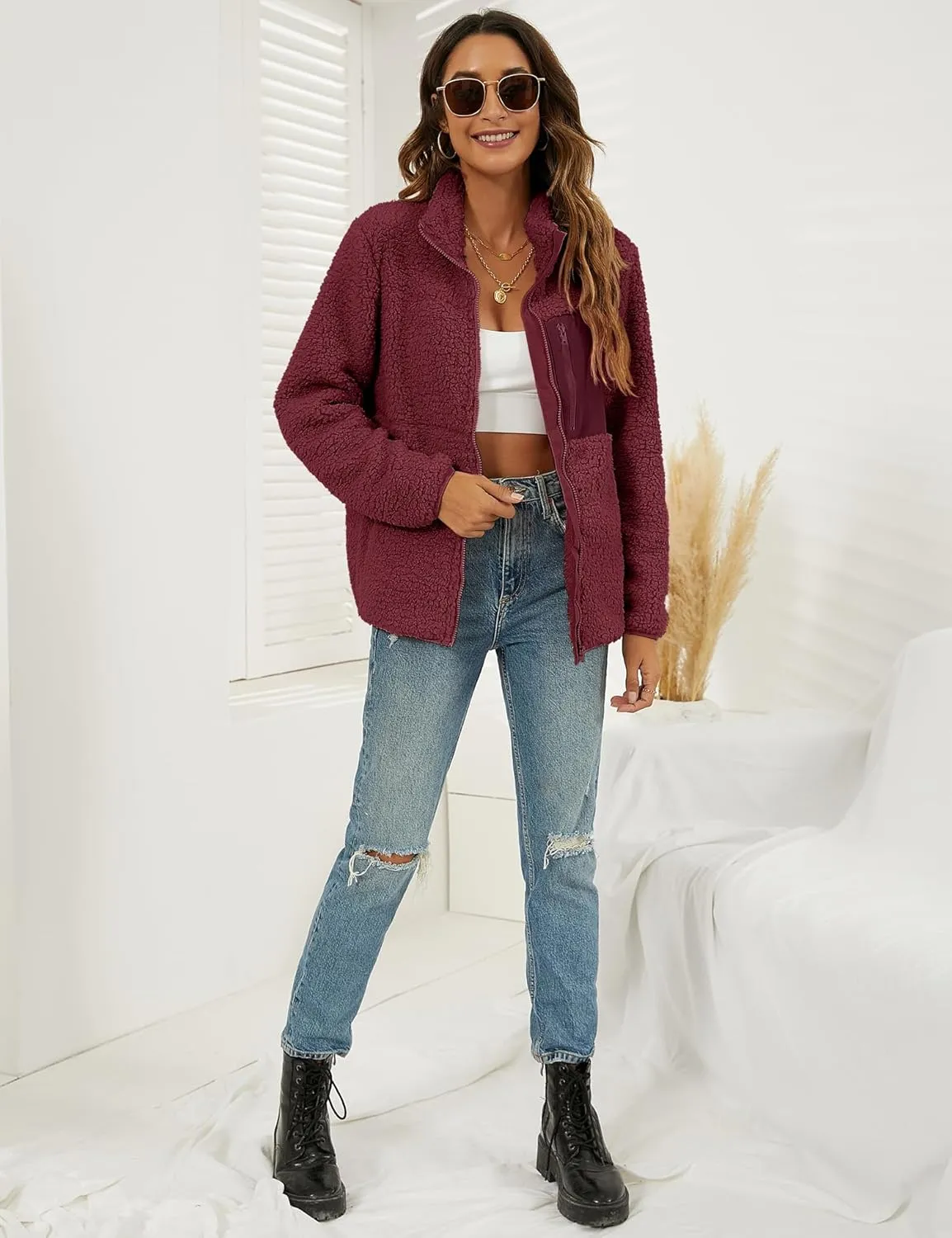 VVK Women's Fashion Faux Shearling Shaggy Full Zip Coats Warm Winter Patchwork Jackets with Pocket