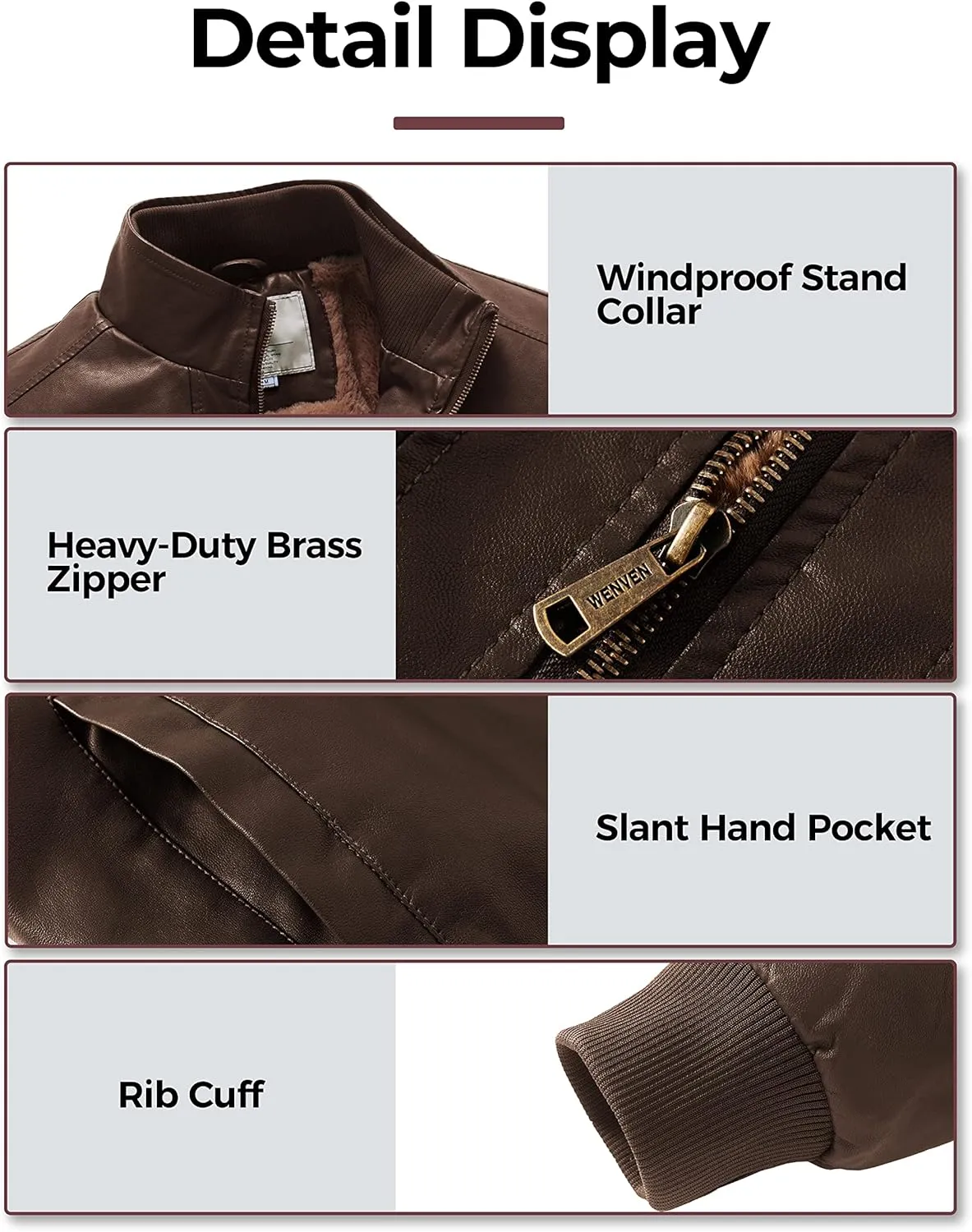 WenVen Men's Stand Collar Fleece Lined Bomber Faux Leather Jacket