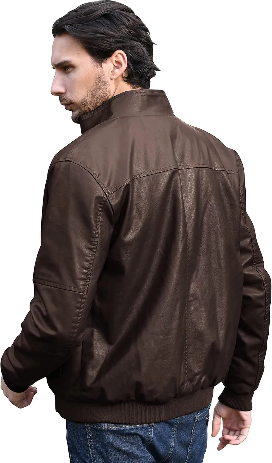WenVen Men's Stand Collar Fleece Lined Bomber Faux Leather Jacket