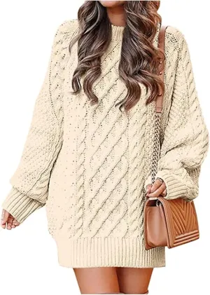 Women 2023 Fall Crew Neck Long Sleeve Pullover Sweaters Oversized Cable Knit Chunky Loose Short Sweater Dresses