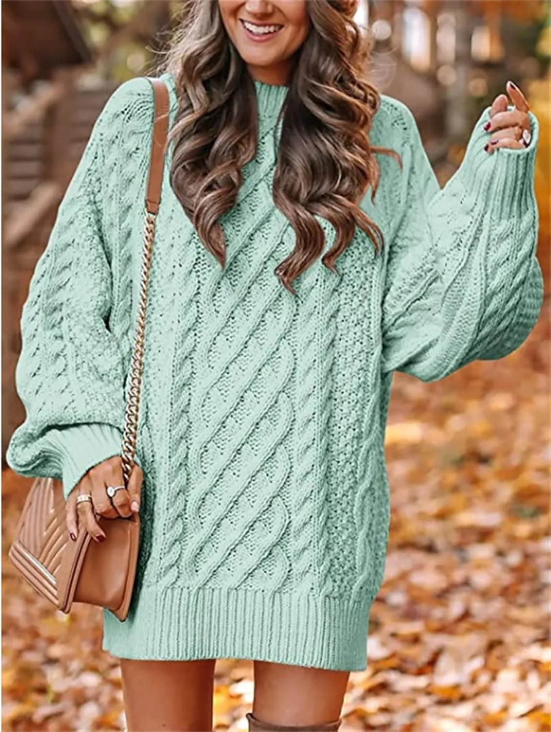 Women 2023 Fall Crew Neck Long Sleeve Pullover Sweaters Oversized Cable Knit Chunky Loose Short Sweater Dresses