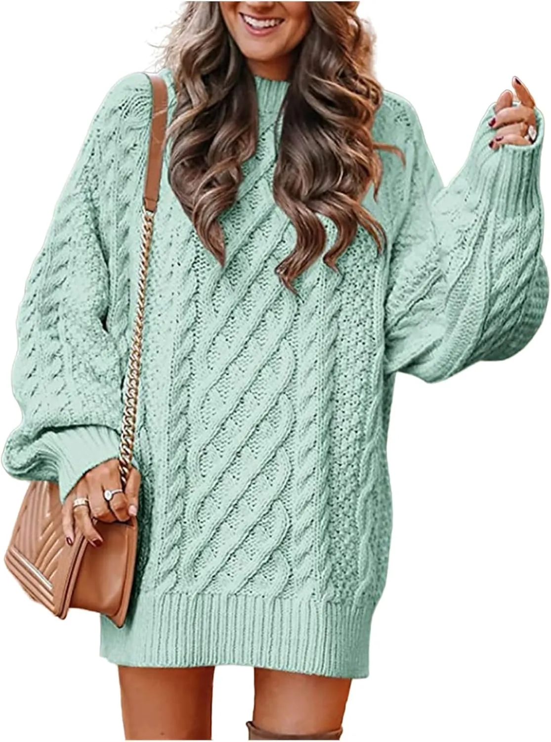 Women 2023 Fall Crew Neck Long Sleeve Pullover Sweaters Oversized Cable Knit Chunky Loose Short Sweater Dresses