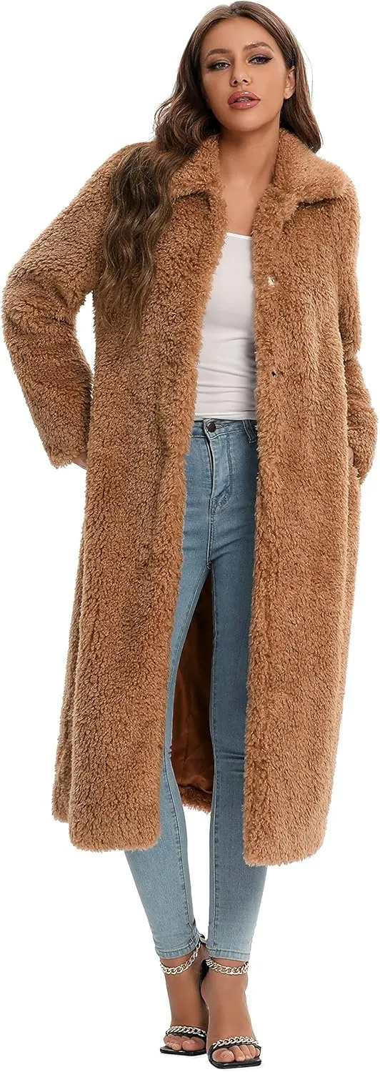 Women Faux Fur Winter Coats Open Front Long Cardigan Coat Warm Women's Fuzzy Fleece Jacket Overcoat Outwear with Pocket S-XXL