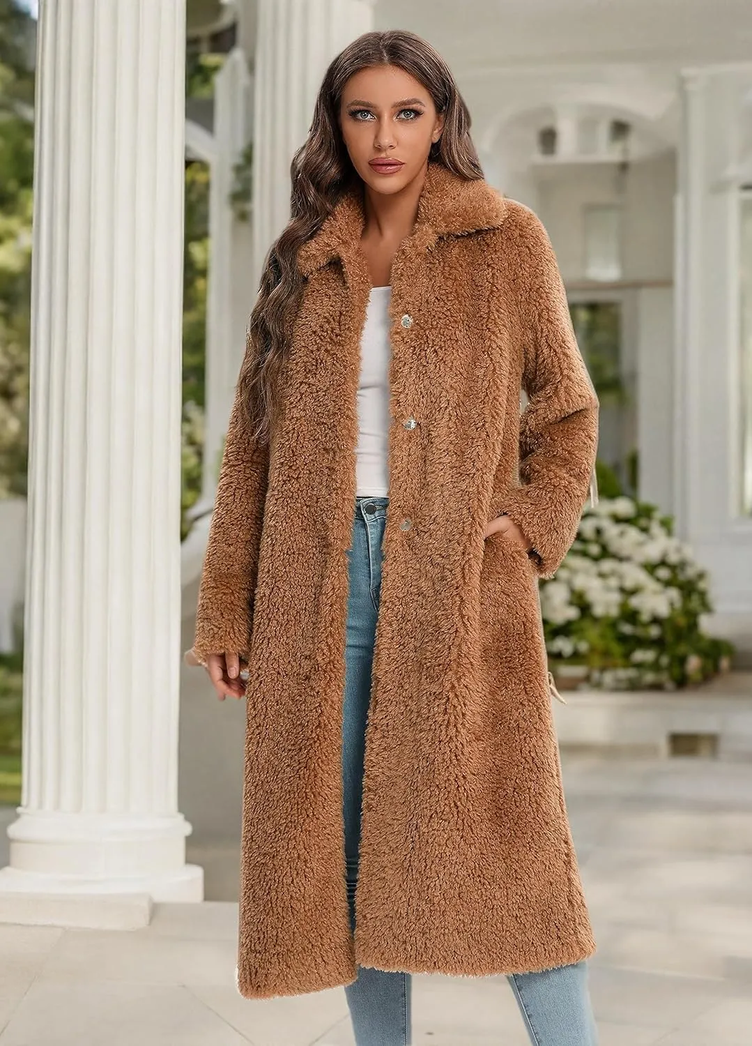Women Faux Fur Winter Coats Open Front Long Cardigan Coat Warm Women's Fuzzy Fleece Jacket Overcoat Outwear with Pocket S-XXL