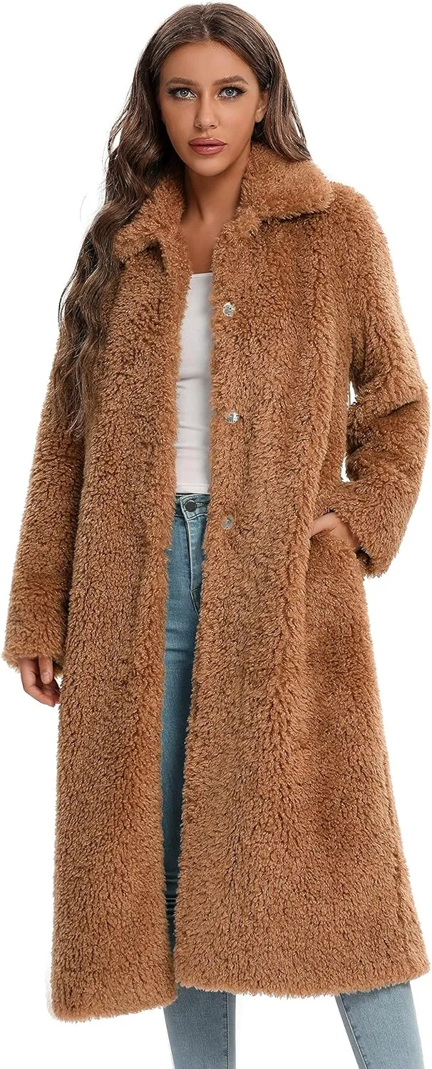 Women Faux Fur Winter Coats Open Front Long Cardigan Coat Warm Women's Fuzzy Fleece Jacket Overcoat Outwear with Pocket S-XXL