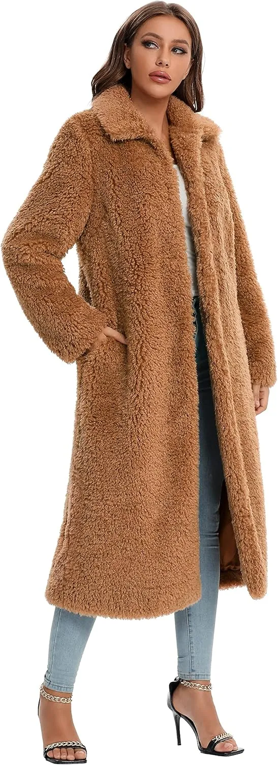 Women Faux Fur Winter Coats Open Front Long Cardigan Coat Warm Women's Fuzzy Fleece Jacket Overcoat Outwear with Pocket S-XXL