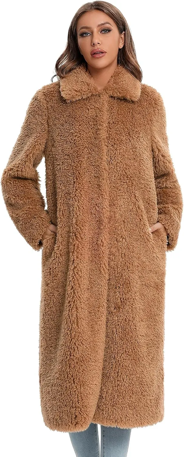 Women Faux Fur Winter Coats Open Front Long Cardigan Coat Warm Women's Fuzzy Fleece Jacket Overcoat Outwear with Pocket S-XXL