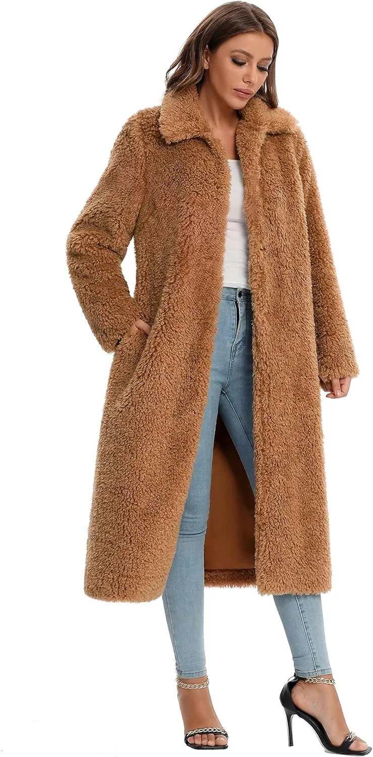 Women Faux Fur Winter Coats Open Front Long Cardigan Coat Warm Women's Fuzzy Fleece Jacket Overcoat Outwear with Pocket S-XXL