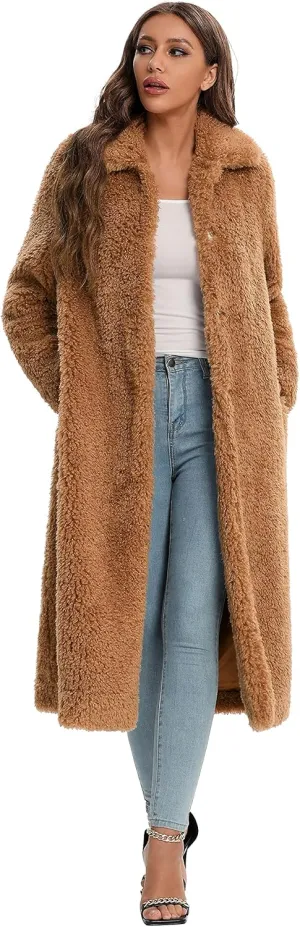 Women Faux Fur Winter Coats Open Front Long Cardigan Coat Warm Women's Fuzzy Fleece Jacket Overcoat Outwear with Pocket S-XXL