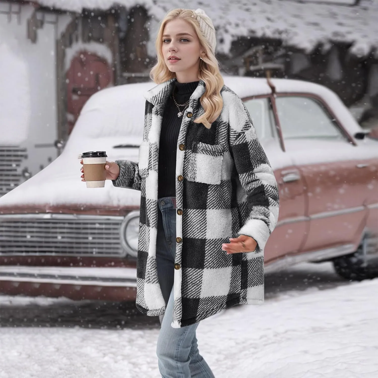 Women Sherpa Jacket Casual Flannel Colorblock Plaid Shacket Long Sleeve Lapel Button Long Fleece Jackets with Pockets