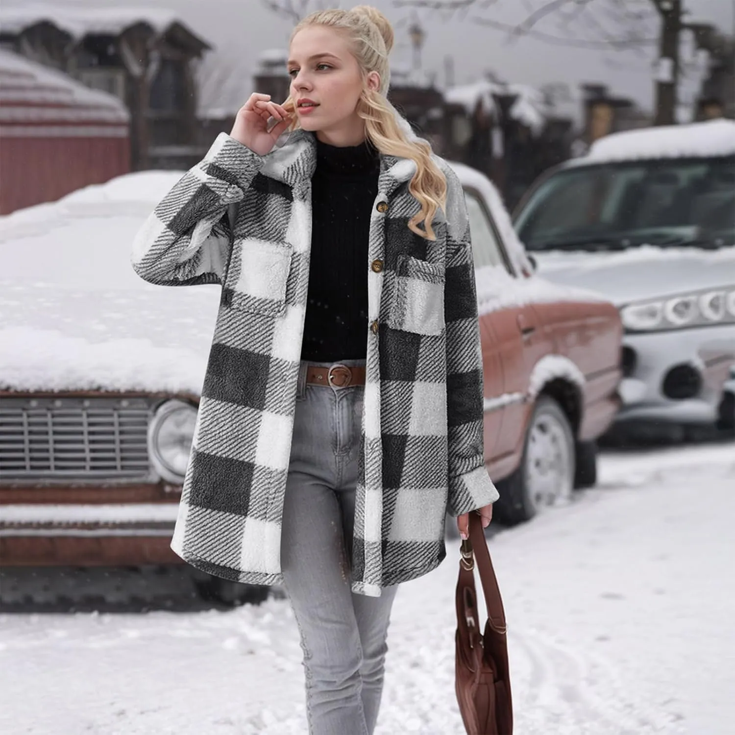Women Sherpa Jacket Casual Flannel Colorblock Plaid Shacket Long Sleeve Lapel Button Long Fleece Jackets with Pockets
