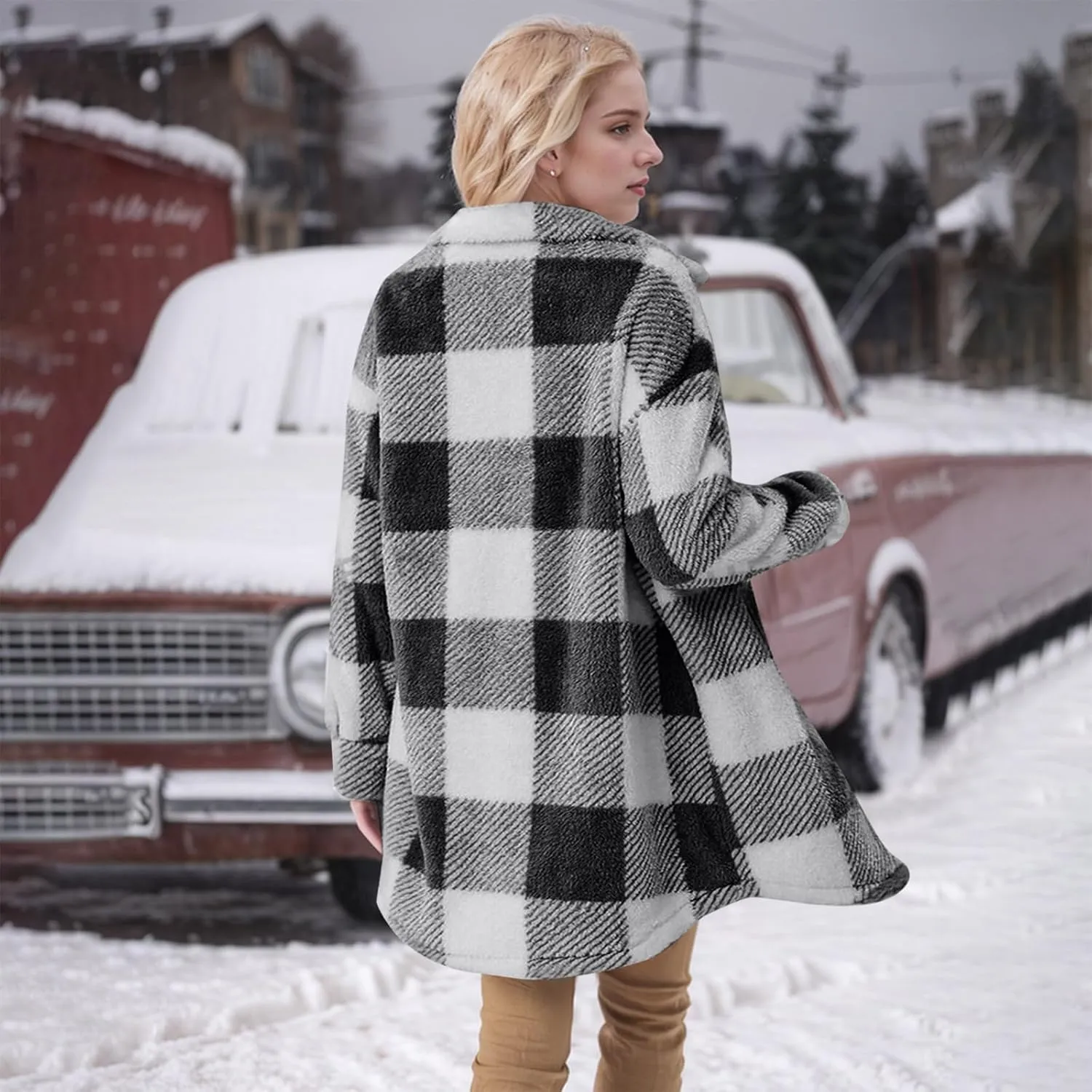 Women Sherpa Jacket Casual Flannel Colorblock Plaid Shacket Long Sleeve Lapel Button Long Fleece Jackets with Pockets