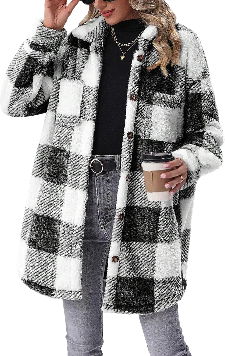 Women Sherpa Jacket Casual Flannel Colorblock Plaid Shacket Long Sleeve Lapel Button Long Fleece Jackets with Pockets