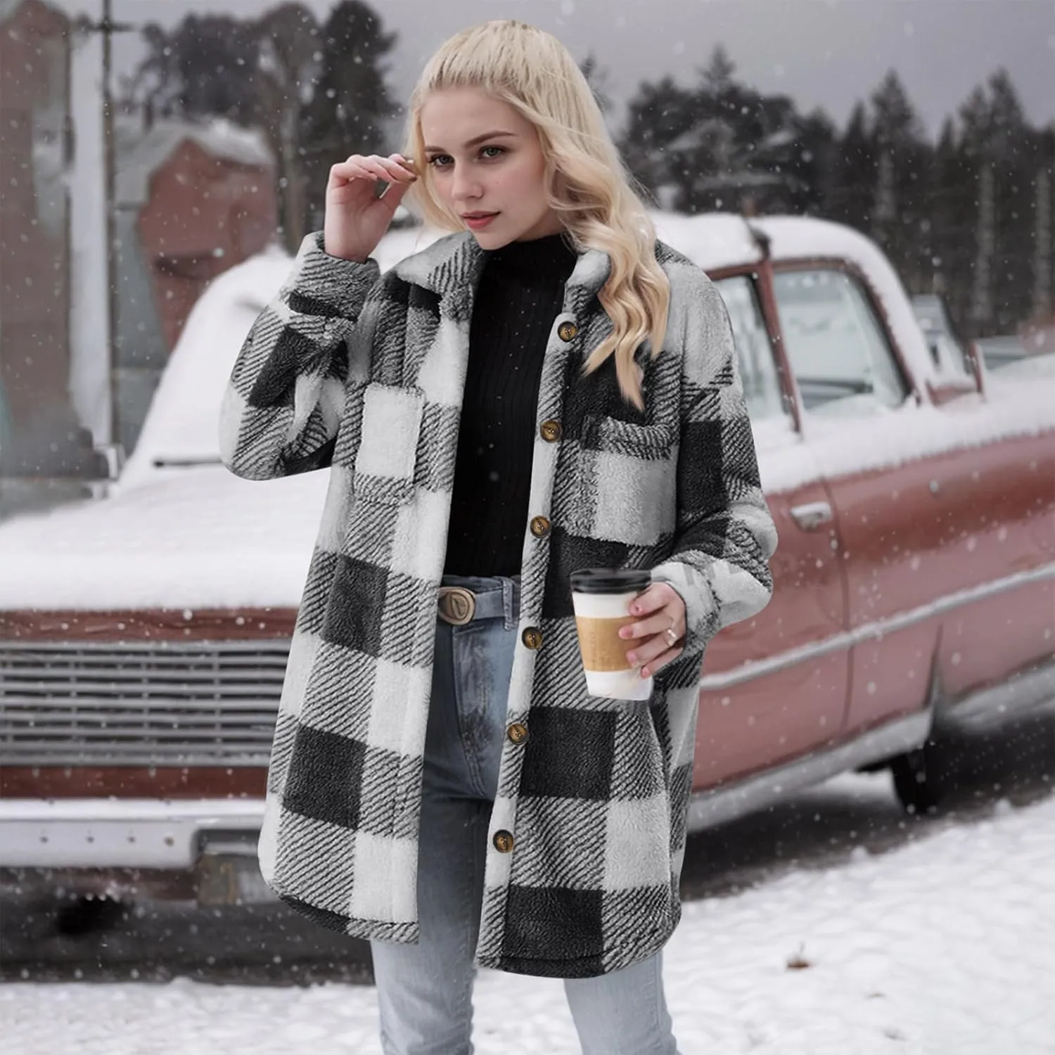 Women Sherpa Jacket Casual Flannel Colorblock Plaid Shacket Long Sleeve Lapel Button Long Fleece Jackets with Pockets